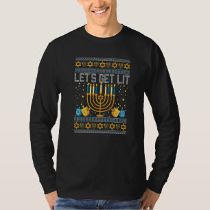 Lets Get Lit Menorah Jewish Pun Ugly Hanukkah Chan T-Shirt