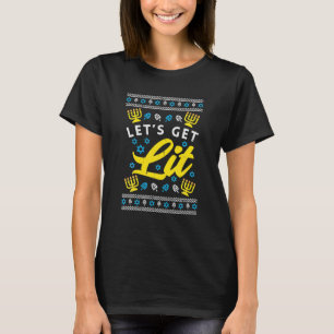 Lets Get Lit Menorah Jewish Pun Ugly Hanukkah T-Shirt