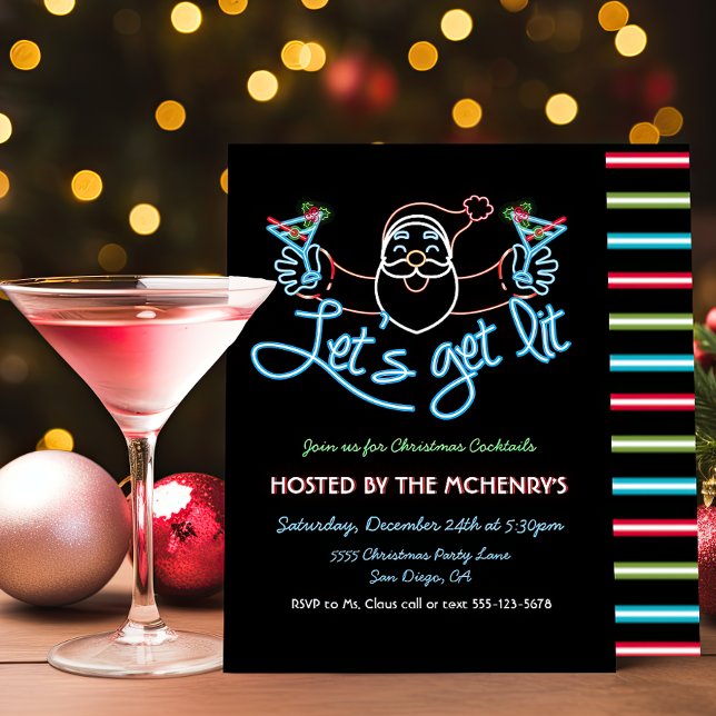Let's get lit Neon Santa Christmas Cocktail Party Invitation (Creator Uploaded)