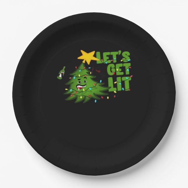 Let's Get Lit Tipsy Christmas Tree Funny Essential Paper Plate (Front)