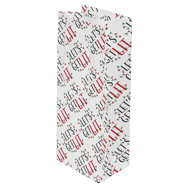 Let's get lit Typography and Christmas Lights  Wine Gift Bag (Front Angled)