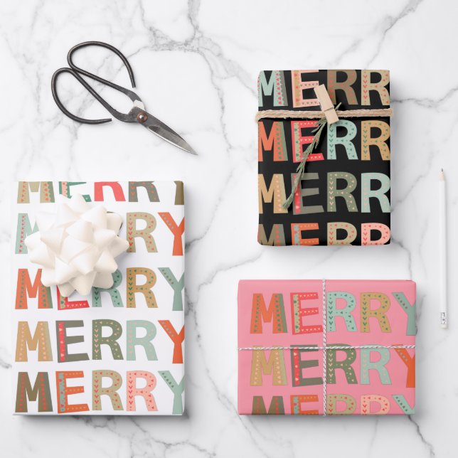 Let's get Merry decorative funky fonts Christmas Wrapping Paper Sheet (Front)