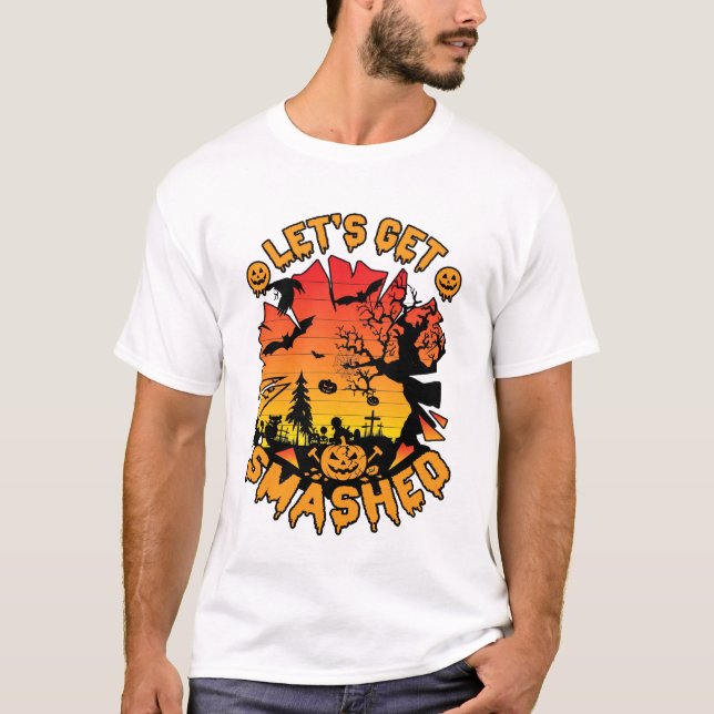 Lets Get Smashed Halloween Pumpkin Spooky Tree Bat T-Shirt (Front)