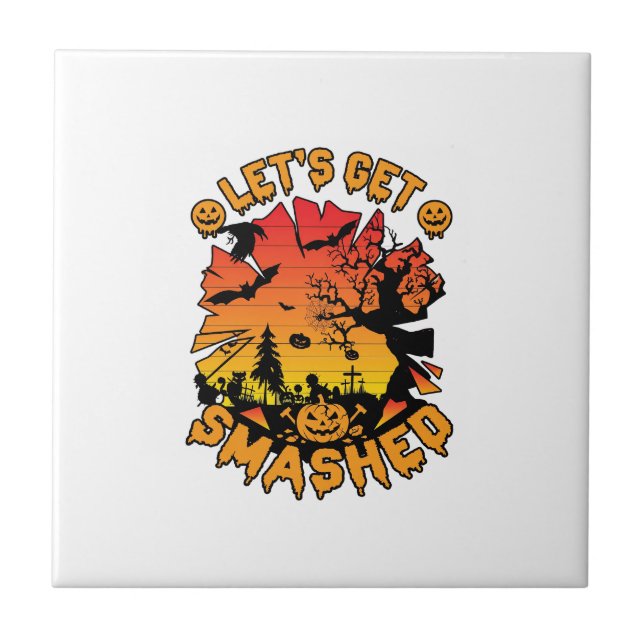 Lets Get Smashed Halloween Pumpkin Spooky Tree Bat Tile (Front)