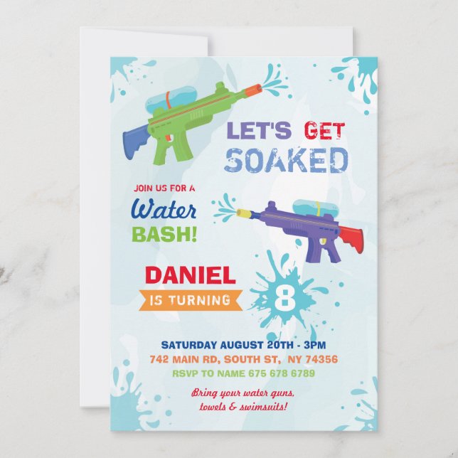 Let's get Soaked Water Gun Party Birthday Invite (Front)