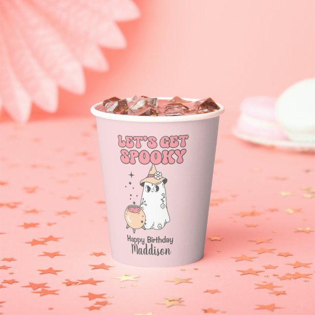 Let's Get Spooky Cute Groovy Halloween Birthday Paper Cups (Insitu)