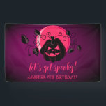 Let's Get Spooky Halloween Any Age Birthday Party Banner<br><div class="desc">Modern Halloween design for spooktacular birthday party with scary pumpkin on purple pink moon background and pumpkins and flying bats. A gender-neutral design,  perfect for October celebrations! Template is easy to personalise.</div>