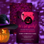 Let's Get Spooky Halloween Any Age Birthday Party Invitation<br><div class="desc">Modern Halloween design for spooktacular birthday party with scary pumpkin on purple pink moon background and pumpkins and flying bats on the backside. A gender-neutral design,  perfect for October celebrations! Birthday party template is easy to customise.</div>