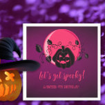 Let's Get Spooky Halloween Any Age Birthday Party Napkin<br><div class="desc">Modern Halloween design for spooktacular birthday party with scary pumpkin on purple pink moon background and pumpkins and flying bats. A gender-neutral design,  perfect for October celebrations! Template is easy to personalise.</div>