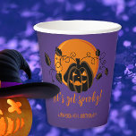 Let's Get Spooky Halloween Birthday Party  Paper Cups<br><div class="desc">Modern Halloween design for spooktacular birthday party with scary pumpkin and orange moon purple background. A gender-neutral design,  perfect for October celebrations! Template is easy to personalise.</div>