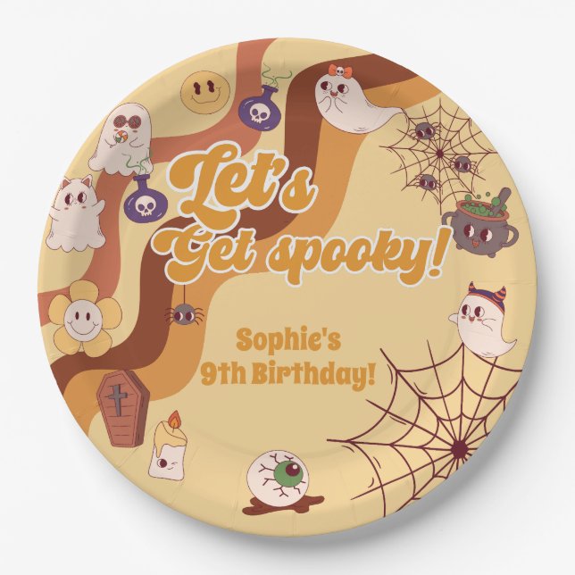 Let's get spooky halloween retro kids birthday paper plate (Front)