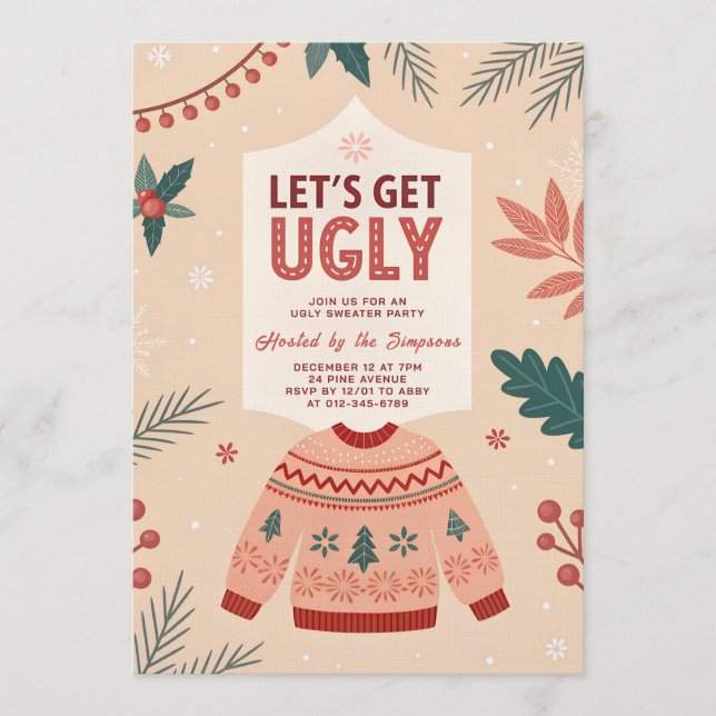 Let's Get Ugly Retro Christmas Ugly Sweater Party Invitation (Front)