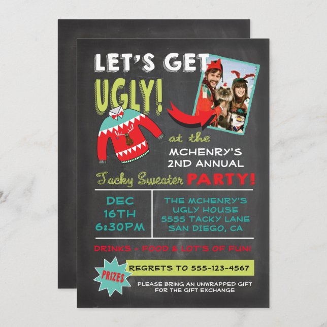 Let's Get Ugly Sweater Christmas Party chalkboard Invitation (Front/Back)