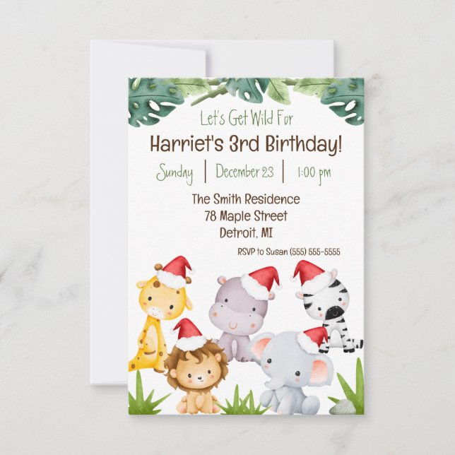 Let's Get Wild! Christmas Safari Animals Birthday Invitation (Front)