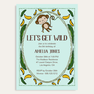 Lets Get Wild Cute Monkey Banana Birthday Invitation