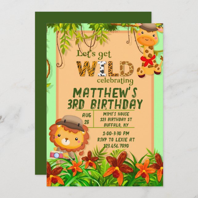 Let's Get Wild Safari Animal Birthday Party Invitation (Front/Back)