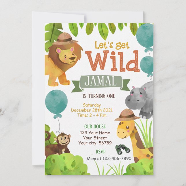 Let's get wild safari birthday Invitation, Jungle Invitation (Front)