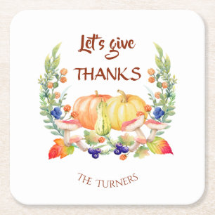 Let's Give Thanks Fall Wreath Pumpkin Thanksgiving Square Paper Coaster