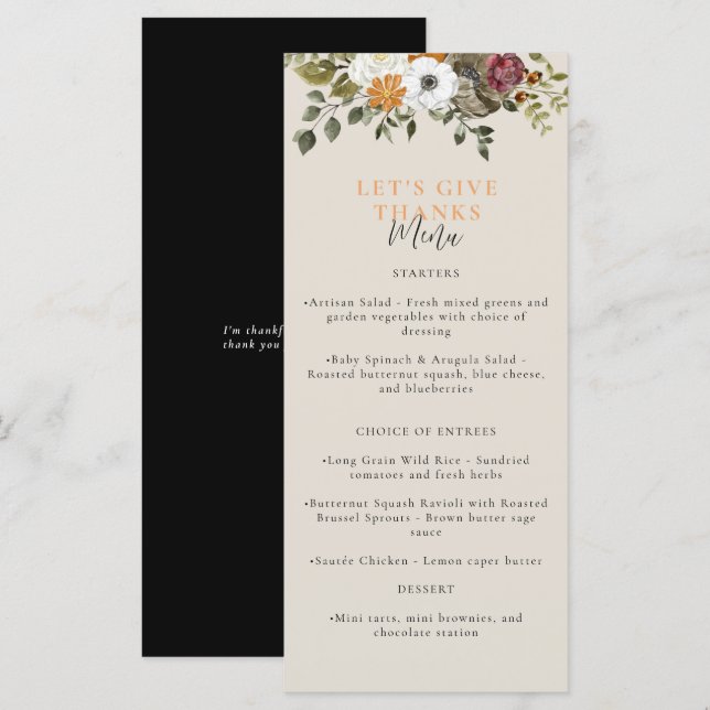 Let's Give Thanks Watercolor Thanksgiving Black Menu (Front/Back)
