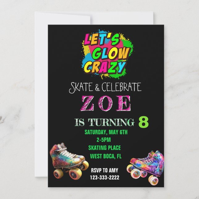Let's Glow Crazy , Neon Birthday Invitation (Front)