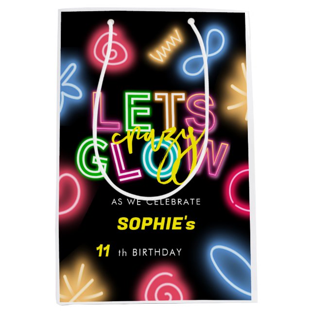 Let's glow crazy neon birthday laser party medium gift bag (Front)