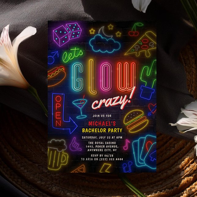 Let's GLOW Crazy' Neon Casino Bachelor Party Invitation (Creator Uploaded)