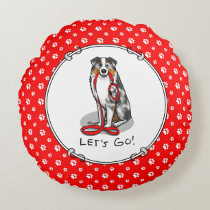Let's Go! Australian Shepherd (blue merle tan/w 1) Round Cushion