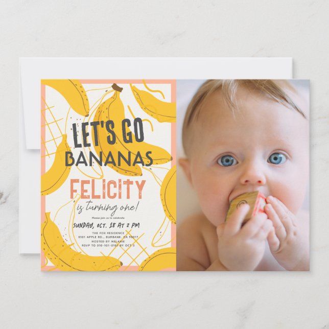 Let's Go Bananas Yellow & Pink 1st Birthday Photo Invitation (Front)
