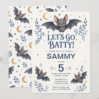 Let's Go Batty Blue Halloween Birthday Invitation