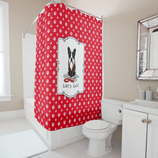 Let's Go! Boston Terrier (black) Funny dog Shower Curtain (In Situ)