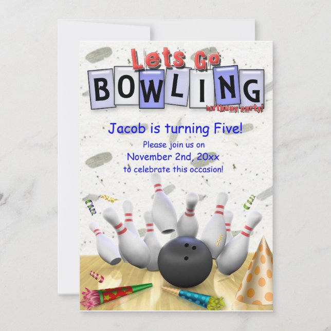 Let's Go  Bowling!  Birthday Party Invitation (Front)