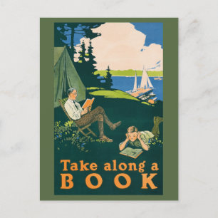 Let's go camping and read a book postcard
