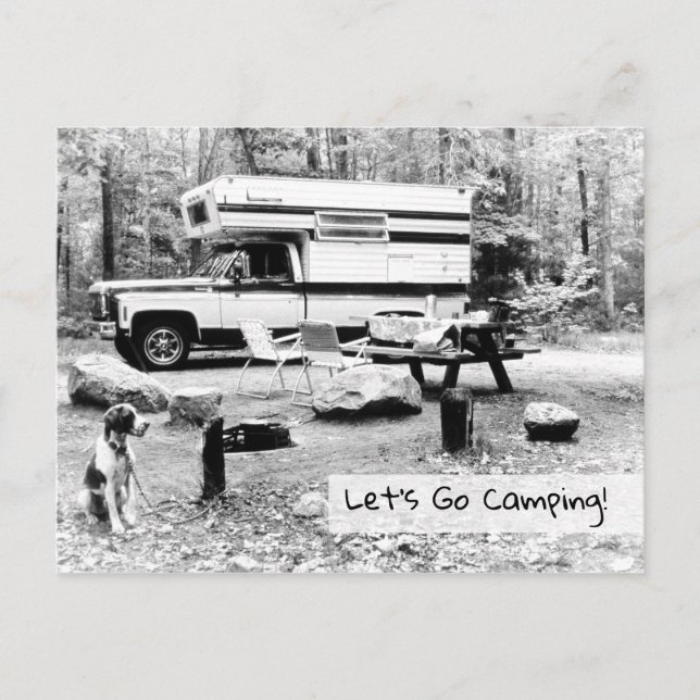 Let's Go Camping, Retro Travel Monochrome Invitation Postcard (Front)