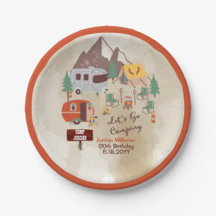 Let's Go Camping Rustic Woodsy Campground Birthday Paper Plate