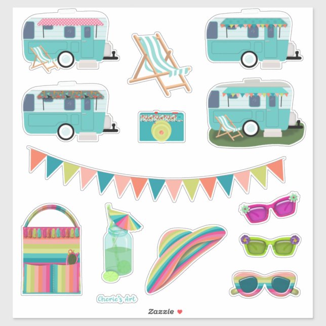 Let's Go Camping Vintage Aqua Camper Cute  (Sheet)