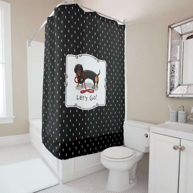 Let's Go! Dachshund (black and tan) Funny dog Shower Curtain (In Situ)