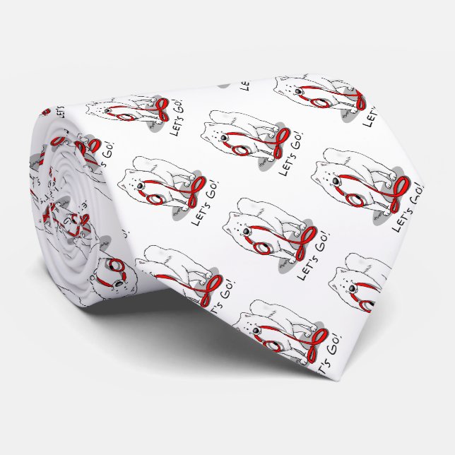 Let's Go! (for a walk) Samoyed w red leash Funny Tie (Rolled)
