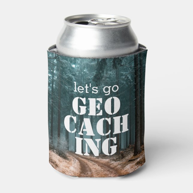 Let's Go Geocaching Woods & Trail Geocacher Gift Can Cooler (Can Front)