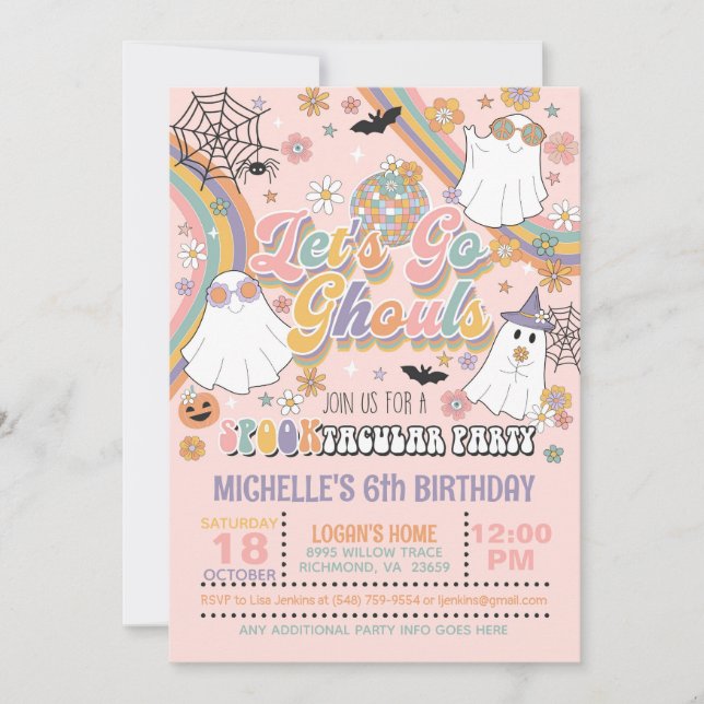 Let's Go Ghouls Birthday Invitation - Girl (Pink) (Front)