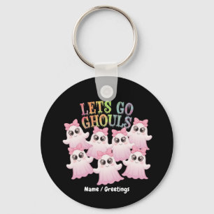 Lets Go Ghouls Cute Pastel Pink Halloween Ghosts Key Ring