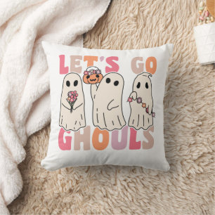 Let's Go Ghouls Groovy Ghost With Vintage Flowers Cushion
