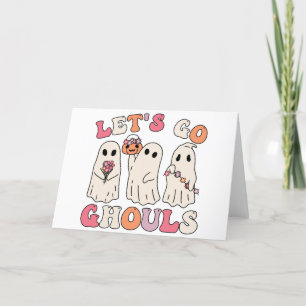 Let's Go Ghouls Groovy Ghost With Vintage Flowers  Holiday Card