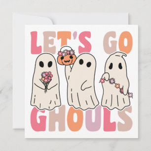Let's Go Ghouls Groovy Ghost With Vintage Flowers Invitation