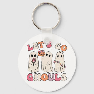 Let's Go Ghouls Groovy Ghost With Vintage Flowers Key Ring
