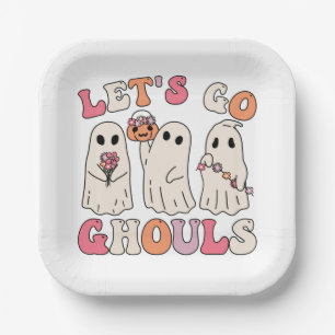 Let's Go Ghouls Groovy Ghost With Vintage Flowers Paper Plate