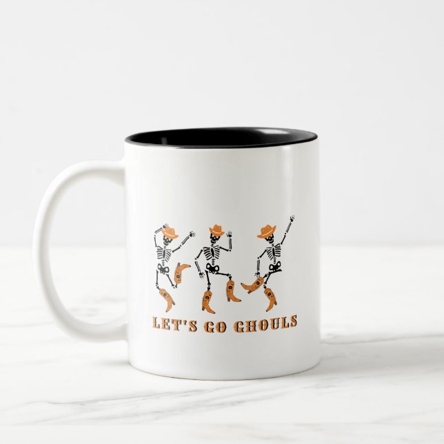 Let's Go Ghouls Halloween Skeletons Cowboy Two-Tone Coffee Mug (Left)