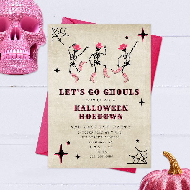 Let's Go Ghouls Skeleton Pink Halloween Party Invitation (Creator Uploaded)