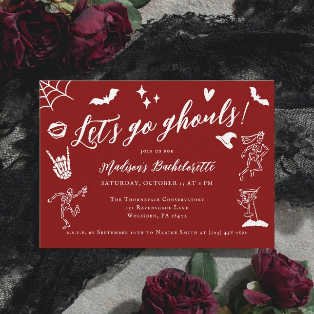 Let's Go Ghouls Spooky Whimsical Red Bachelorette Invitation (Creator Uploaded)