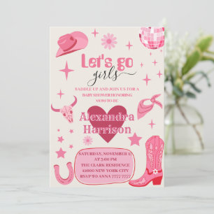 Let's Go Girl Pink disco Cowgirl Rodeo Baby shower Invitation