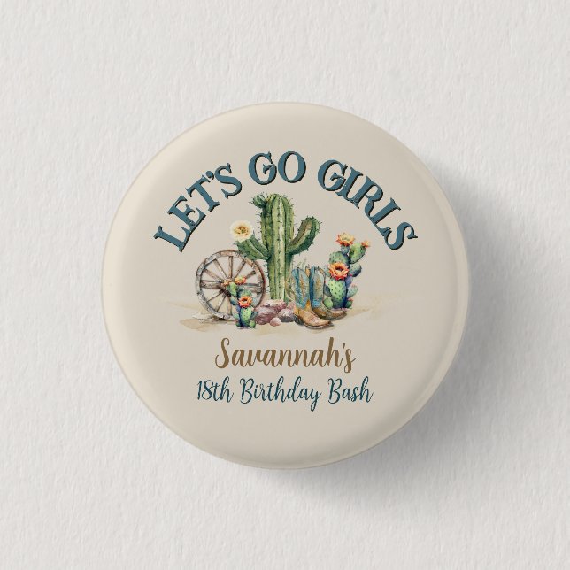 Lets Go Girls Cactus Cowgirl Rodeo Birthday Party 3 Cm Round Badge (Front)